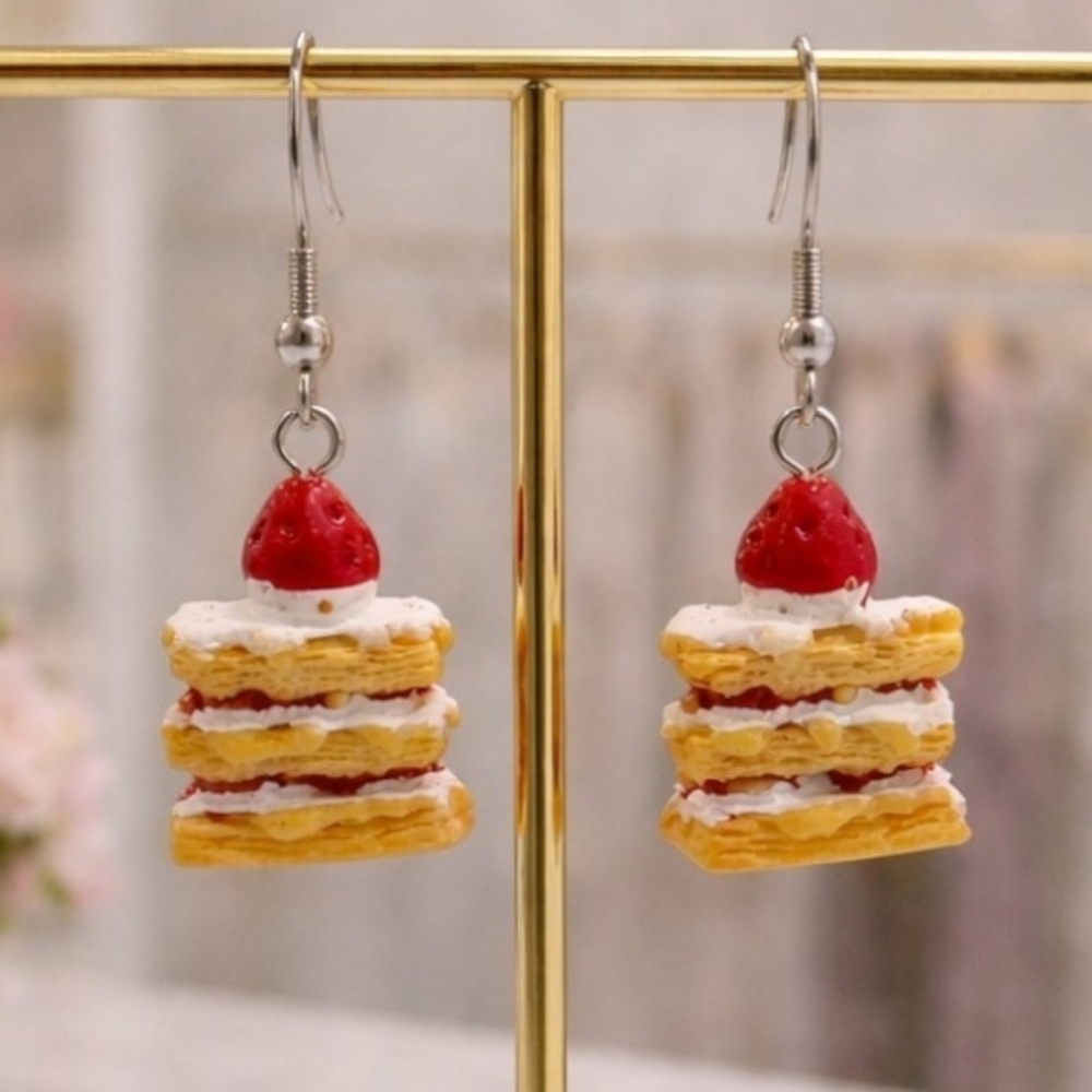 Handmade Strawberry Layer Cake Earrings | Y2K Novelty Jewelry - Picture 2 of 4